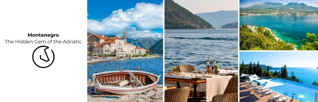Luxury travel view of Montenegro coastline showcasing hidden gems like Perast and Sveti Stefan with Adriatic sea scenery
