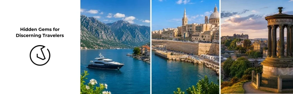 Luxury travel destinations collage showcasing Montenegro, Malta, Dubrovnik, Portugal, Vietnam, and Edinburgh scenic landscapes